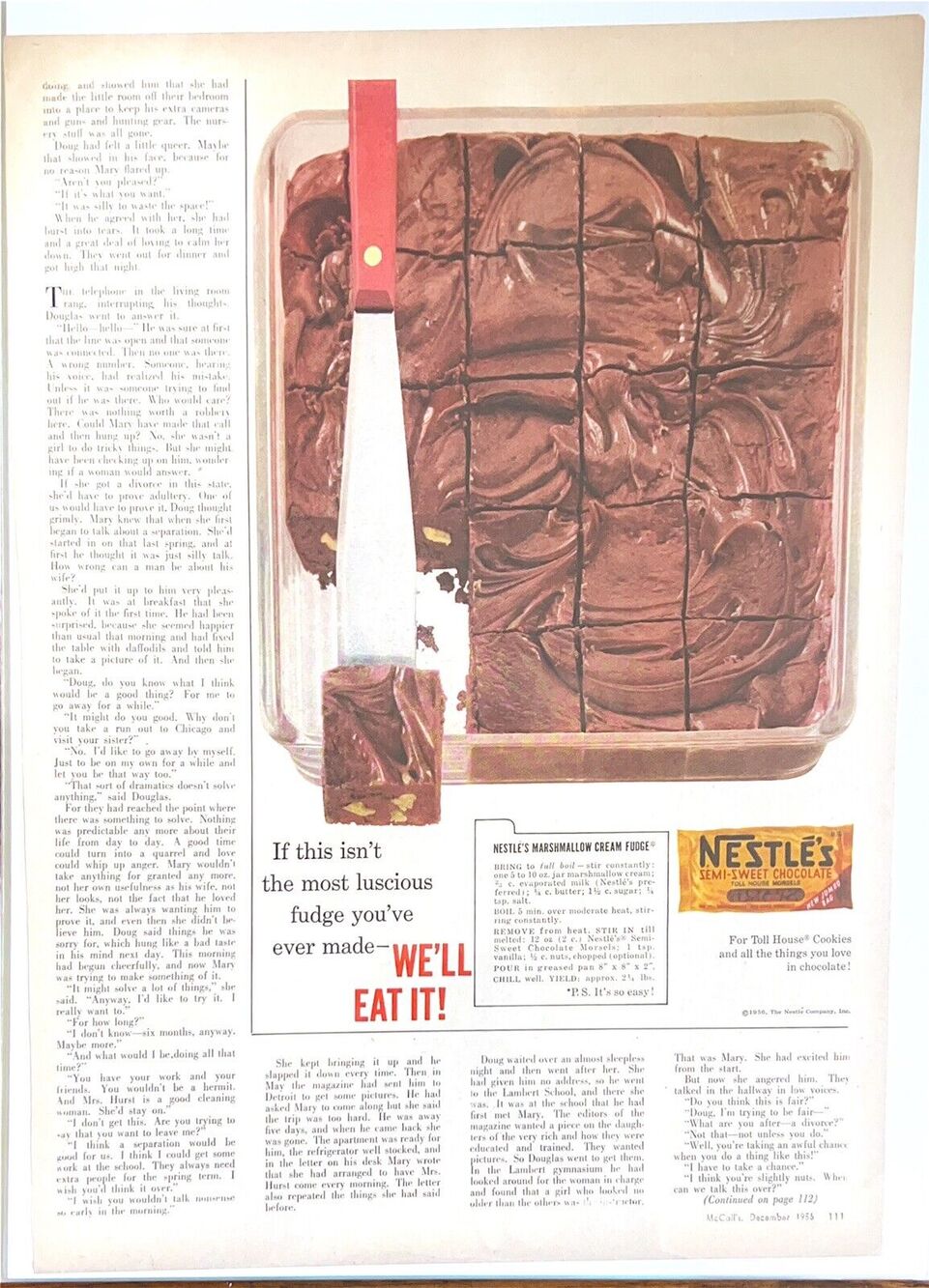 Vtg Neslte's Chocolate Chips Brownies Print Ad 1956 Kitchen Baking Fudge Dessert